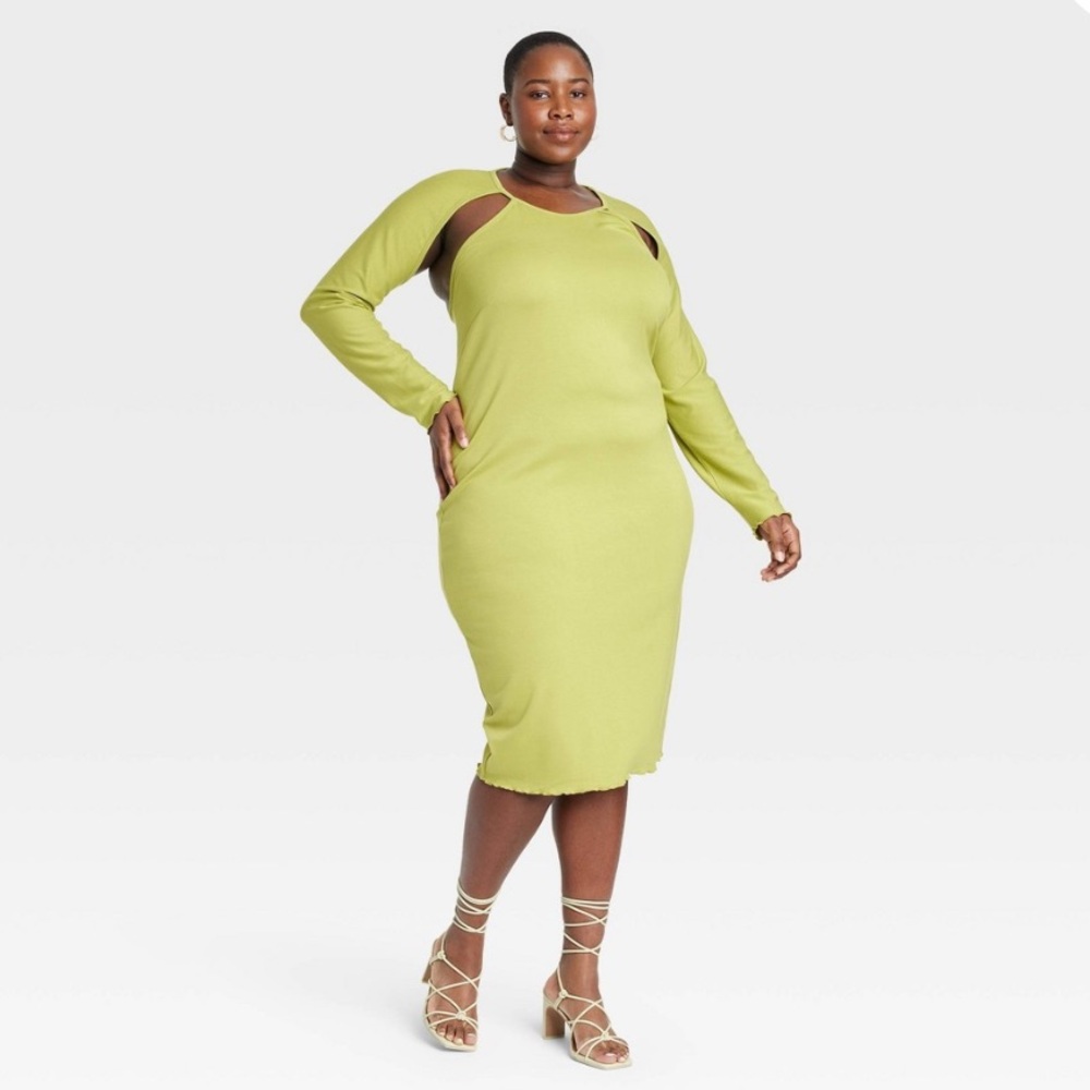 Women's Plus Size Long Sleeve Cut Out Dress - Green